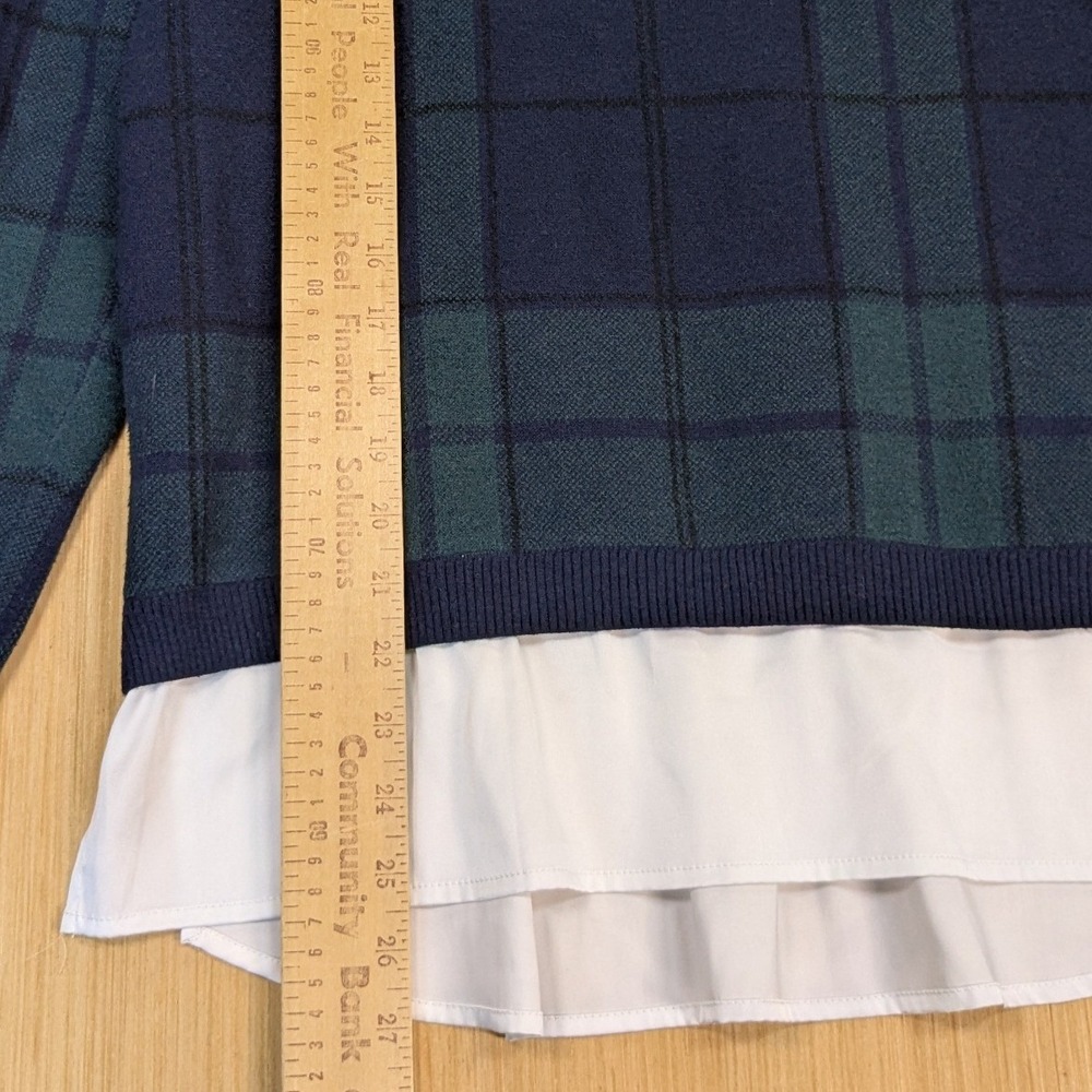 Tahari Women Preppy Academia Old Money Blue Green Plaid Layered Sweater Large - Picture 7 of 8